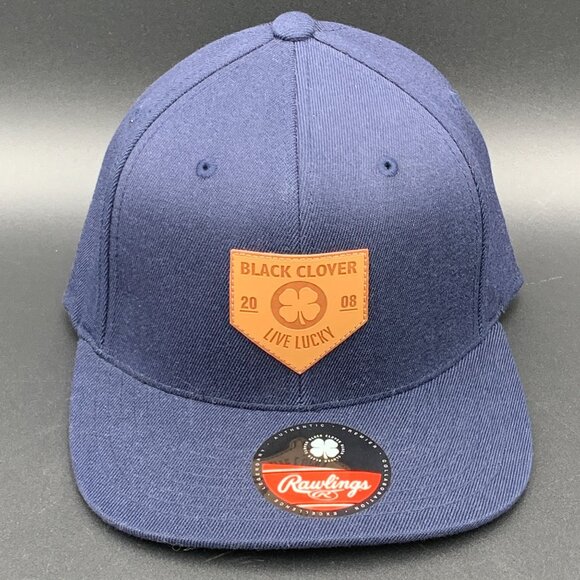 Rawlings Black Clover Hat Flat Bill Leather Patch Navy Blue Acrylic Wool S/M New - Picture 1 of 8